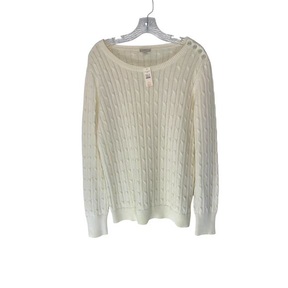 Talbots Sweater White Cable Knit Crewneck Button Detail Classy Basic Large - Picture 1 of 13